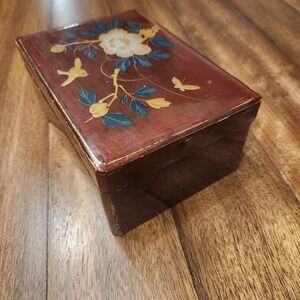 Antique Japanese Lacquer Box Floral Bird Butterflies Decorative Keepsake Trinket